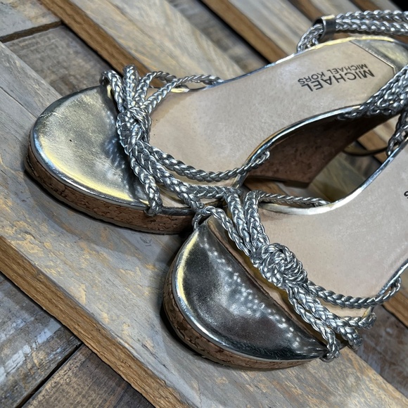 EUC [Michael Kors] Braided < Palm Beach > Silver Strappy Cork Wedge Sandals | 7 - Picture 8 of 13